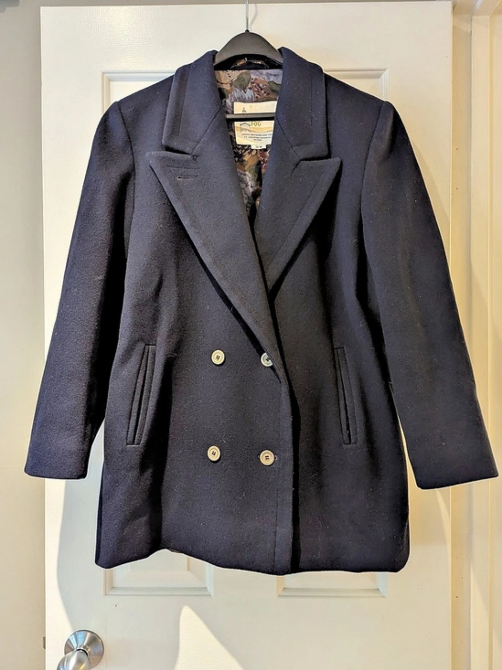 Vintage 80s London Fog Navy Wool Peacoat Floral Lining M/L Dark Academia Preppy